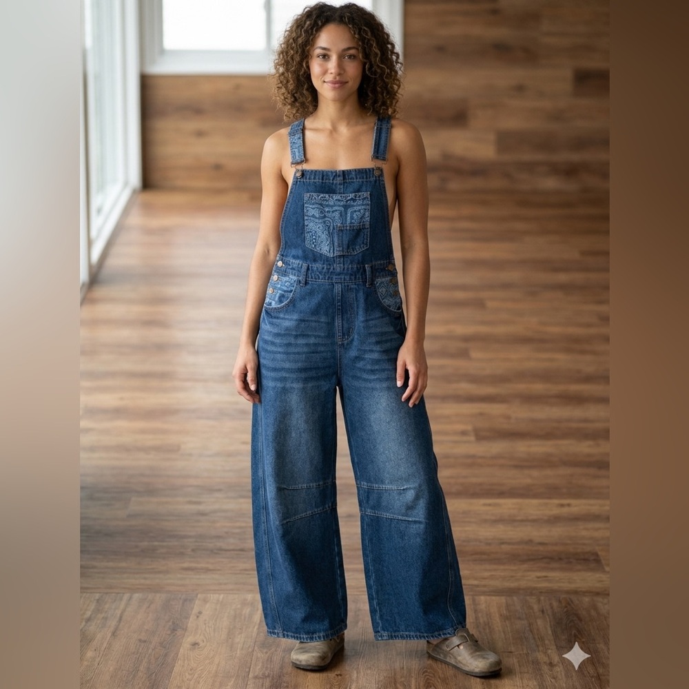 Heng Sheng Women's Blue Denim Overalls flare legs Size L